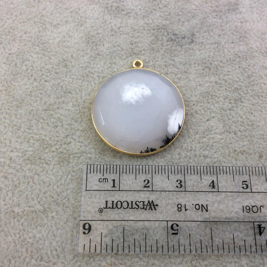 One OOAK Gold Plated Faceted Flat Back Dendritic Opal Round Coin Shaped Bezel Pendant - Measures ~ 30mm - Natural Gemstone
