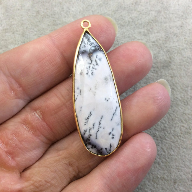 One OOAK Gold Plated Faceted Dendritic Opal Teardrop  Shaped Bezel Pendant - Measures ~ 16mmx46mm - Natural Gemstone