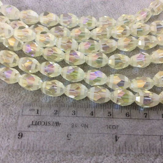 10mm x 14mm Matte Stripe Faceted Trans. AB Pale Yellow Glass Crystal Rice/Oval Beads - 12.5" Strands (Approx. 25 Beads) - (CC1014-087)