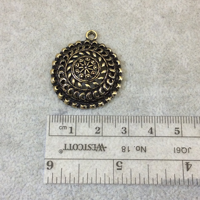 1" Brass Finish Raised Center Round Scalloped Medallion Shaped Pendant with Attached Ring  - Measures ~ 27mm x 27mm - Sold Individually