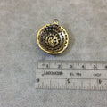 1" Brass Finish Raised Center Round Scalloped Medallion Shaped Pendant with Attached Ring  - Measures ~ 27mm x 27mm - Sold Individually