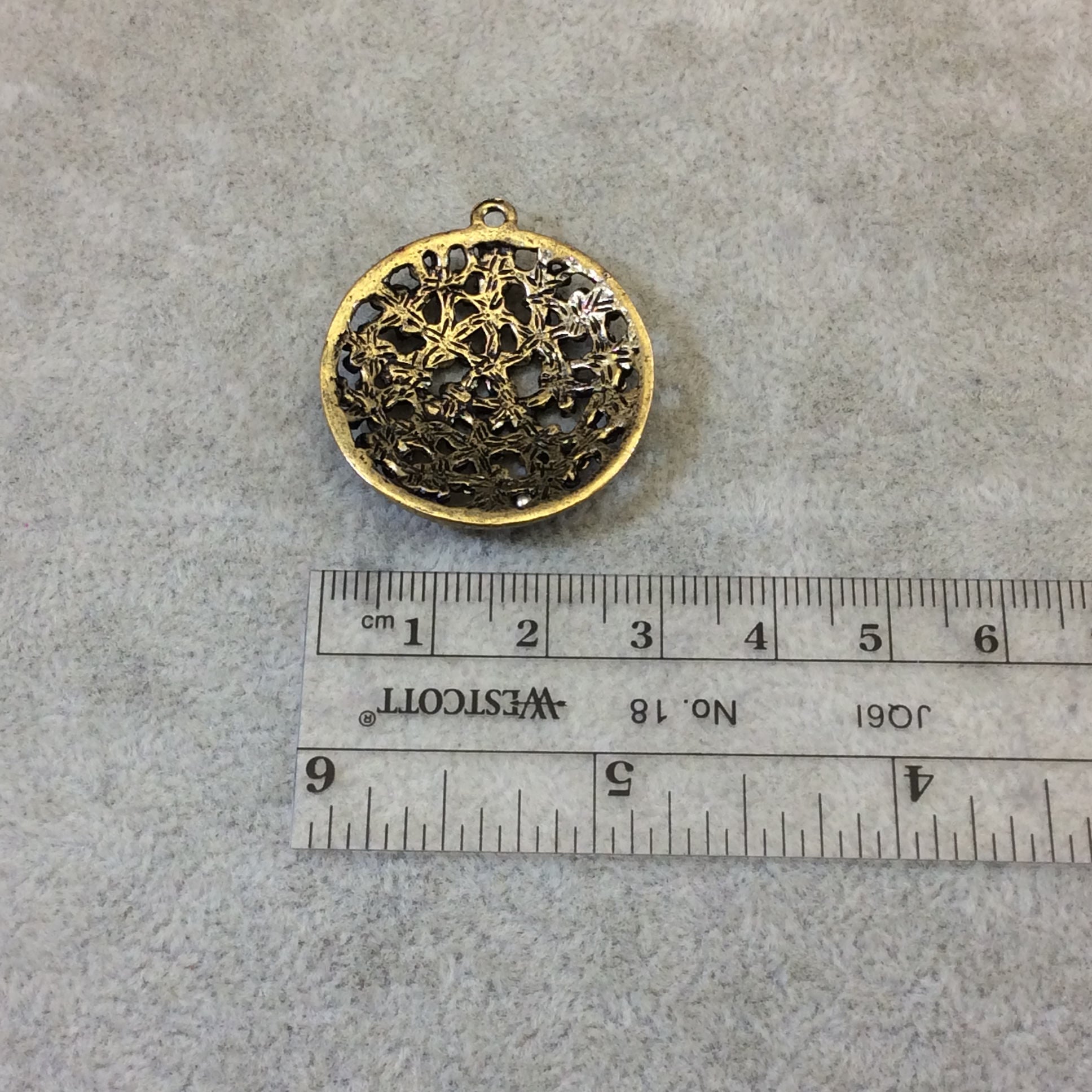 1.25" Brass Finish Raised Center Round Floral Medallion Shaped Pendant with Attached Ring  - Measures ~ 30mm x 30mm - Sold Individually