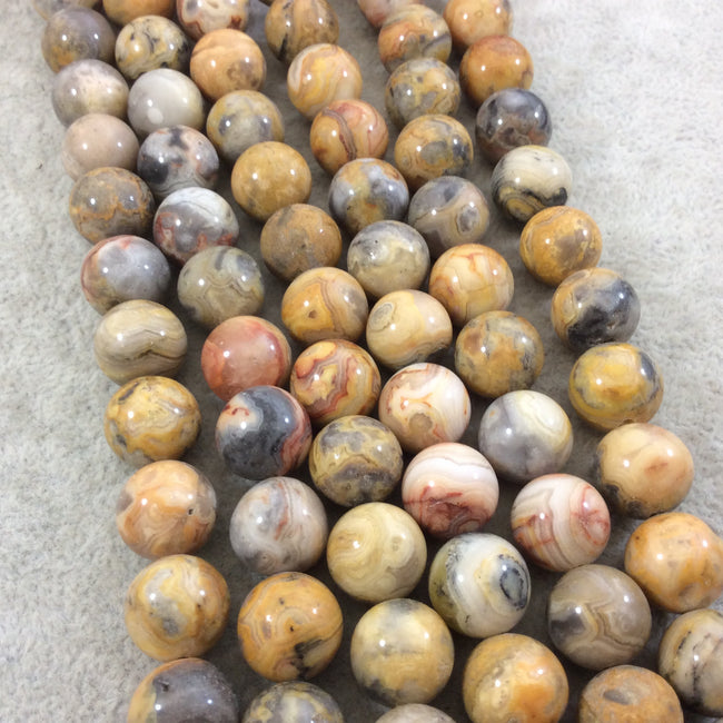 12mm Smooth Round/Ball Shaped Multicolor Yellow Crazy Lace Agate Beads - 15.25" Strand (Approx. 33 Beads) - Natural Semi-Precious Gemstone