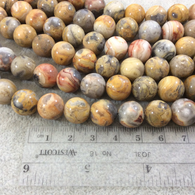 12mm Smooth Round/Ball Shaped Multicolor Yellow Crazy Lace Agate Beads - 15.25" Strand (Approx. 33 Beads) - Natural Semi-Precious Gemstone