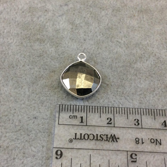 Sterling Silver Faceted Diamond Shaped Natural Pyrite Bezel Pendant Component - Measuring 14mmx14mm - Sold Individually, Random