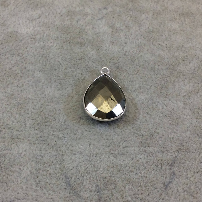 Sterling Silver Faceted Teardrop Shaped Natural Pyrite Bezel Pendant Component - Measuring 15mmx20mm - Sold Individually, Random