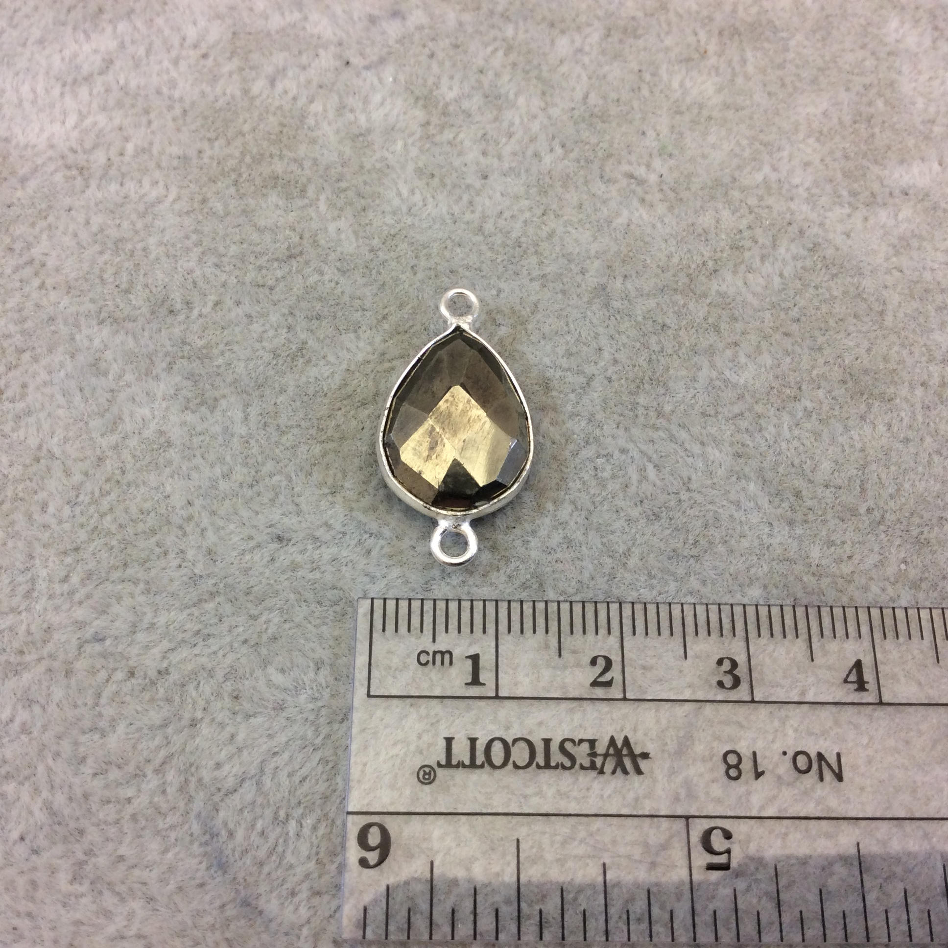 Sterling Silver Faceted Teardrop Shaped Natural Pyrite Bezel Connector Component - Measuring 12mmx16mm - Sold Individually, Random