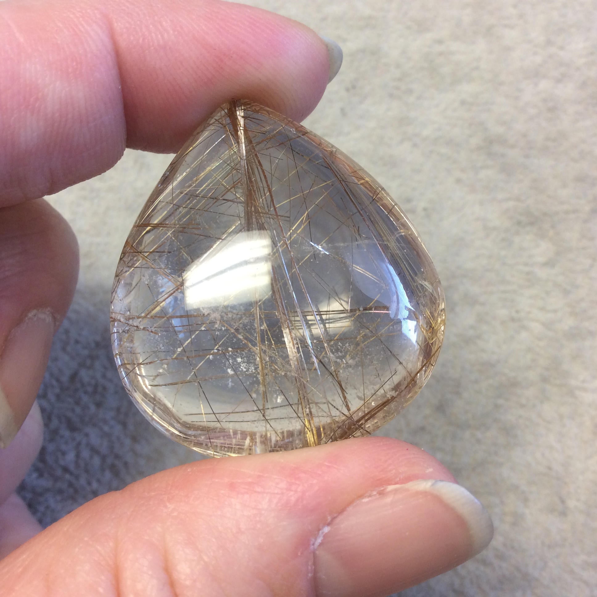 OOAK Natural Rutilated Quartz Teardrop/Pear Shaped Cabochon "N" - Measuring 34mm x 38mm, 16.2mm Total Height - High Quality Gemstone