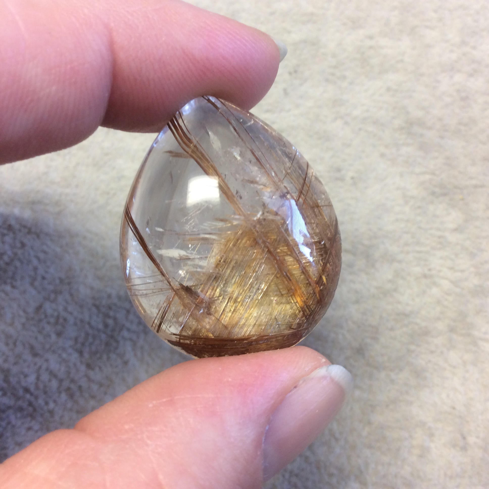 OOAK Natural Rutilated Quartz Teardrop/Pear Shaped Cabochon "L" - Measuring 26.5mm x 32mm, 13.9mm Total Height - High Quality Gemstone