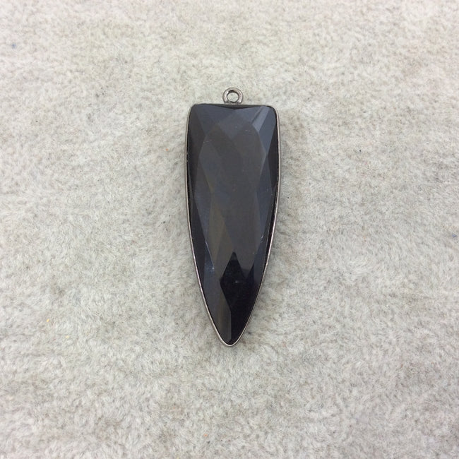 Gunmetal Plated Faceted Black Hydro (Lab Created) Onyx Inverted Triangle Shaped Bezel Pendant - Measuring 15mm x 40mm - Sold Individually