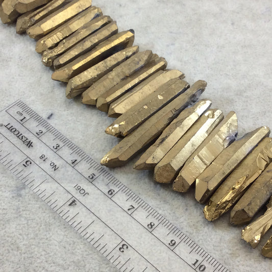 Large Matte Gold Coated Natural Quartz Point Faceted Beads - Sold by 15.5" Strands (~52 Beads per Strand) - Measure 25-45mm x 8mm, Approx.