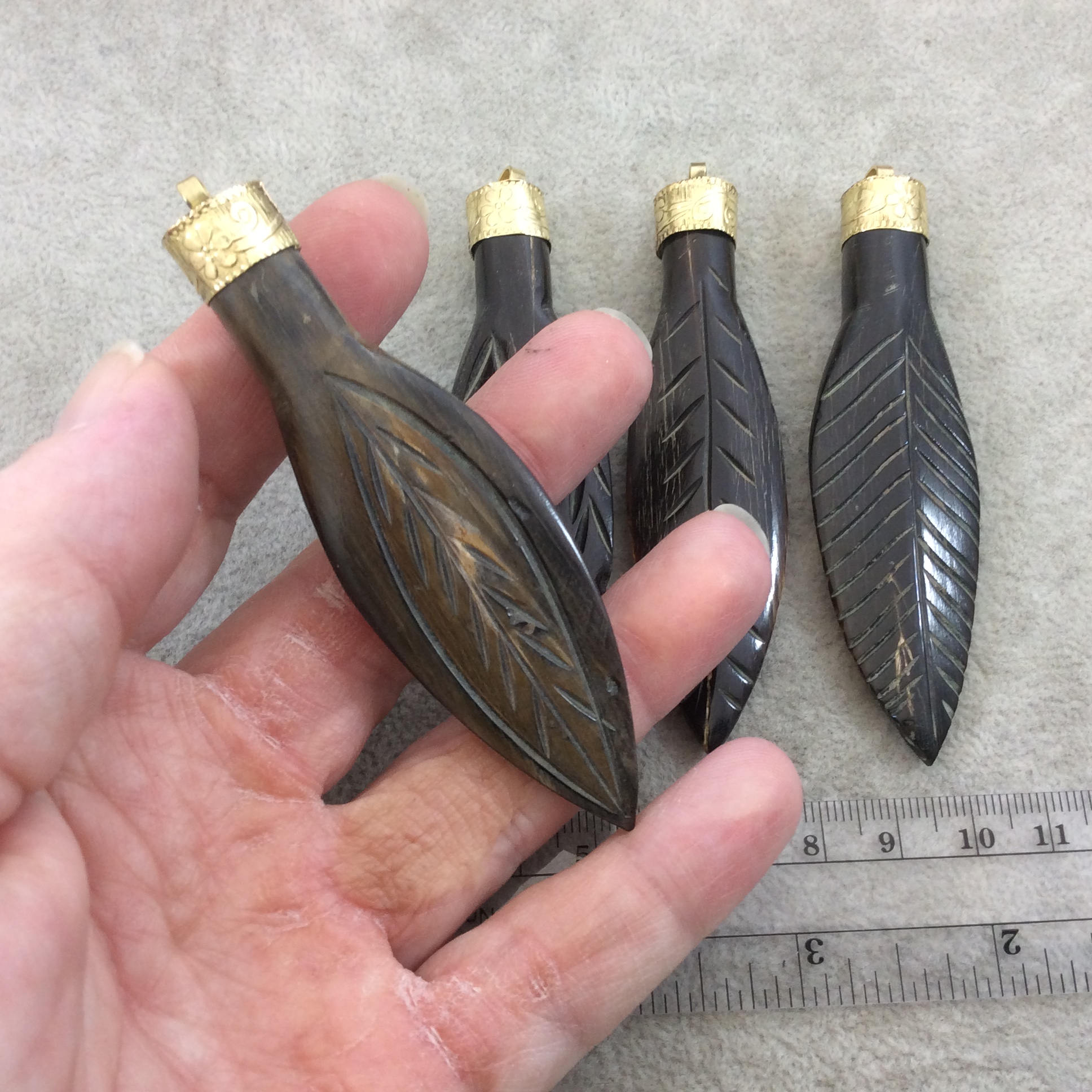3.5" Brown Carved Feather/Leaf Shaped Natural Horn Pendant with Gold Floral Cap, Four Styles to Choose From! - Measures 12mm x 85mm, Approx.