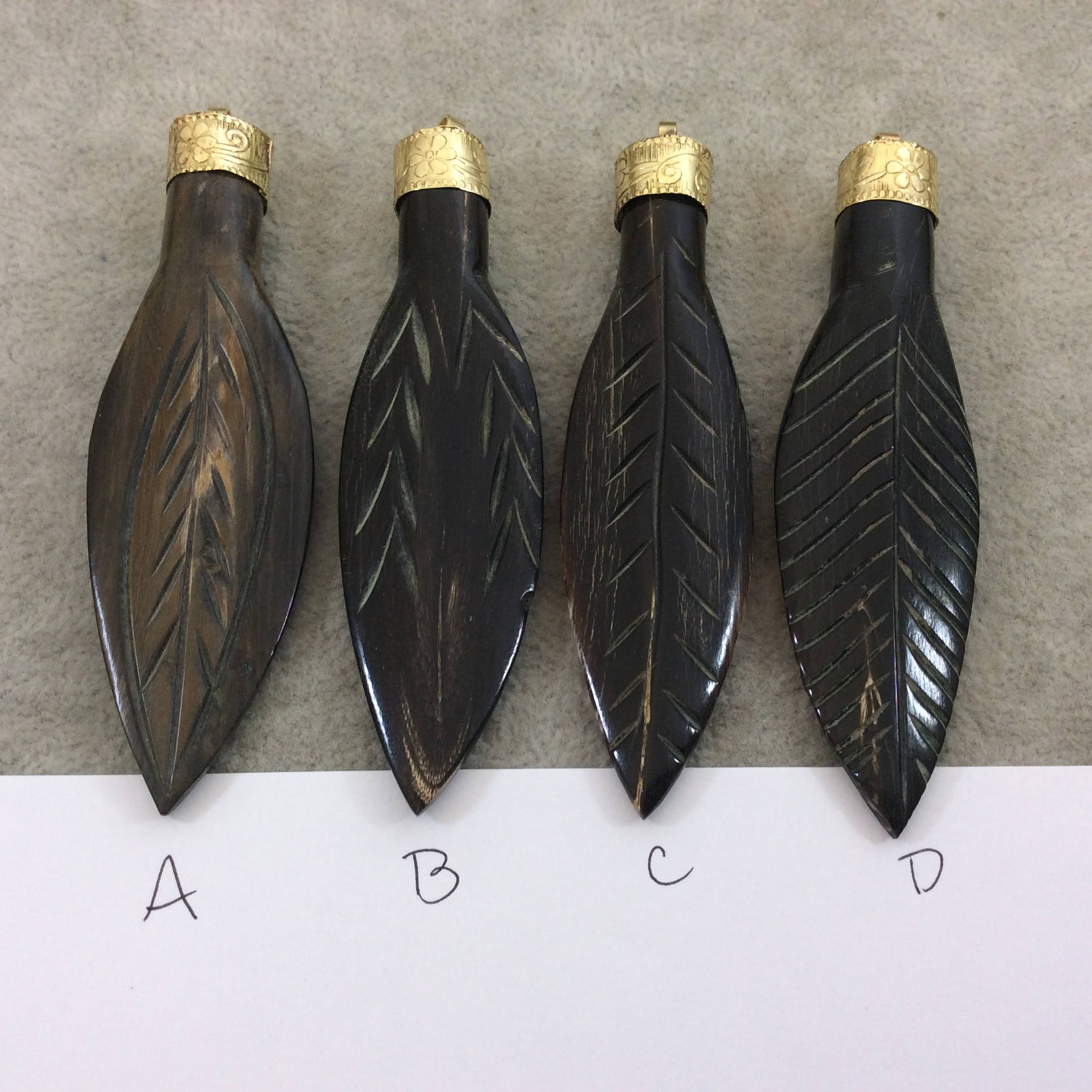 3.5" Brown Carved Feather/Leaf Shaped Natural Horn Pendant with Gold Floral Cap, Four Styles to Choose From! - Measures 12mm x 85mm, Approx.
