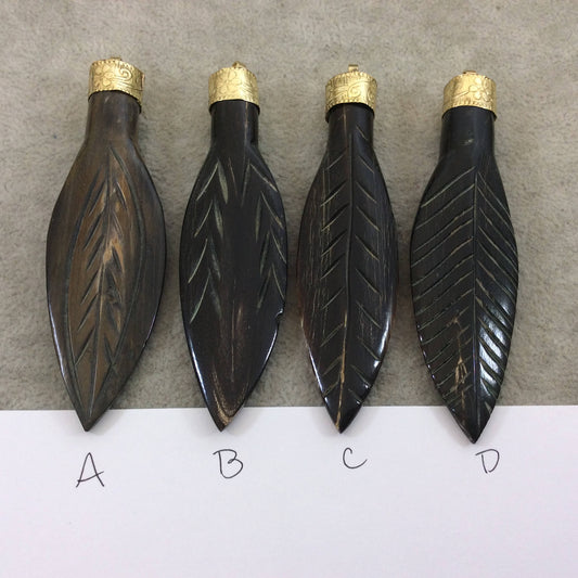 3.5" Brown Carved Feather/Leaf Shaped Natural Horn Pendant with Gold Floral Cap, Four Styles to Choose From! - Measures 12mm x 85mm, Approx.