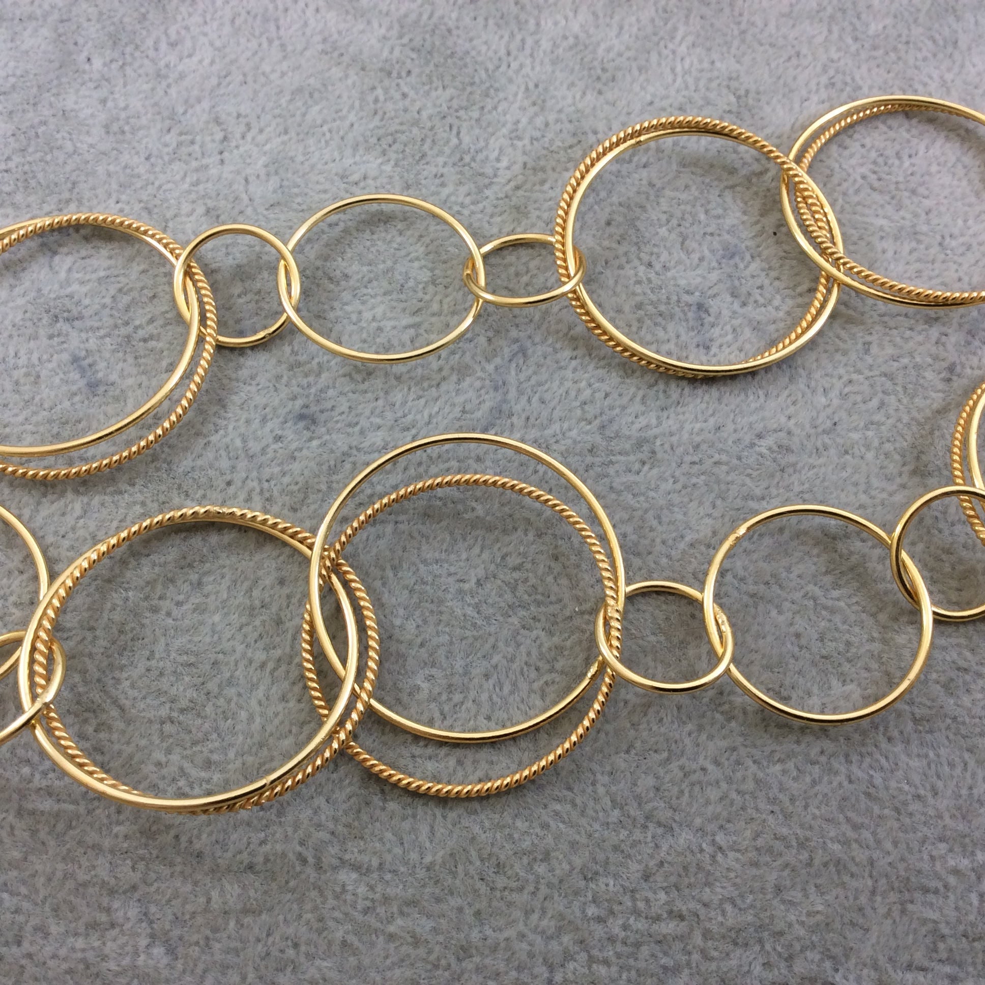 Gold Plated Copper Alternating Double Circles Link Chain - 35mm Smooth/Twist Circle Links With 15 & 25mm Small Circles - Sold By the Foot
