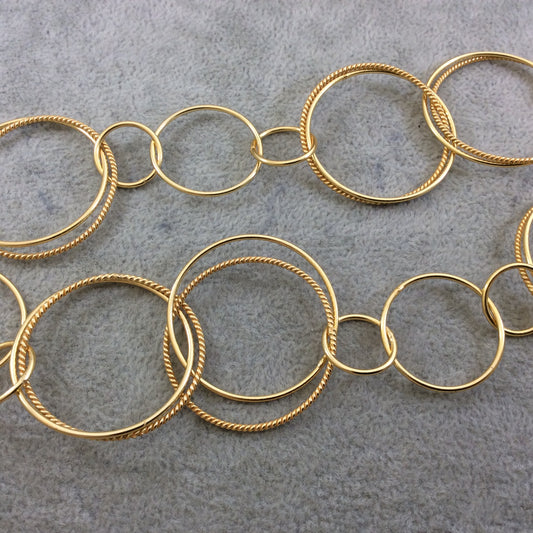 Gold Plated Copper Alternating Double Circles Link Chain - 35mm Smooth/Twist Circle Links With 15 & 25mm Small Circles - Sold By the Foot