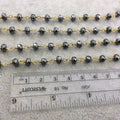 Gold Plated Copper Wrapped Rosary Chain with 4mm x 6mm Faceted Natural Hematite Rondelle Shaped Beads - Sold by the Foot!