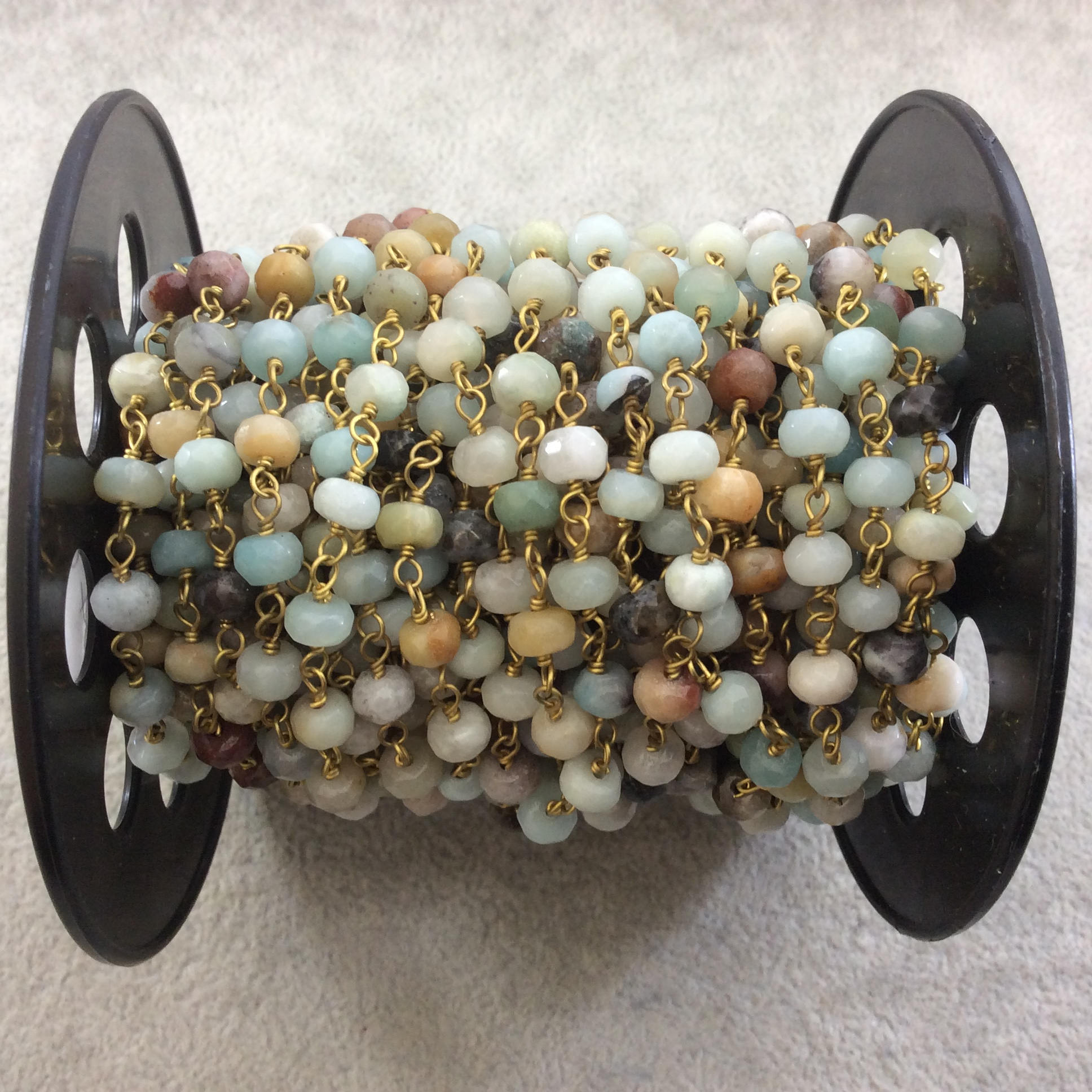 Gold Plated Copper Wrapped Rosary Chain with 4mm x 6mm Faceted Natural Amazonite Rondelle Shaped Beads - Sold by the Foot!  (CH314-GD)