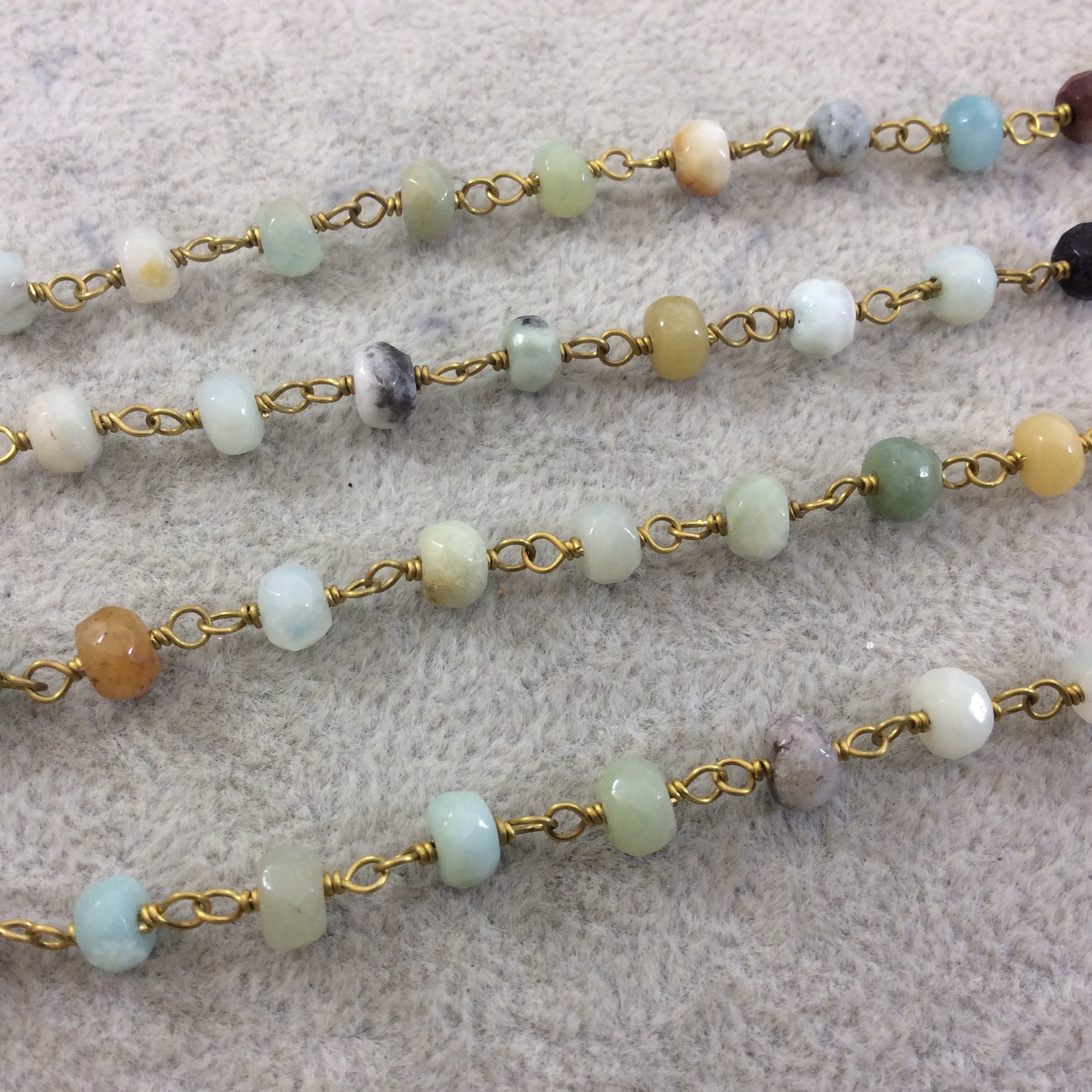 Gold Plated Copper Wrapped Rosary Chain with 4mm x 6mm Faceted Natural Amazonite Rondelle Shaped Beads - Sold by the Foot!  (CH314-GD)