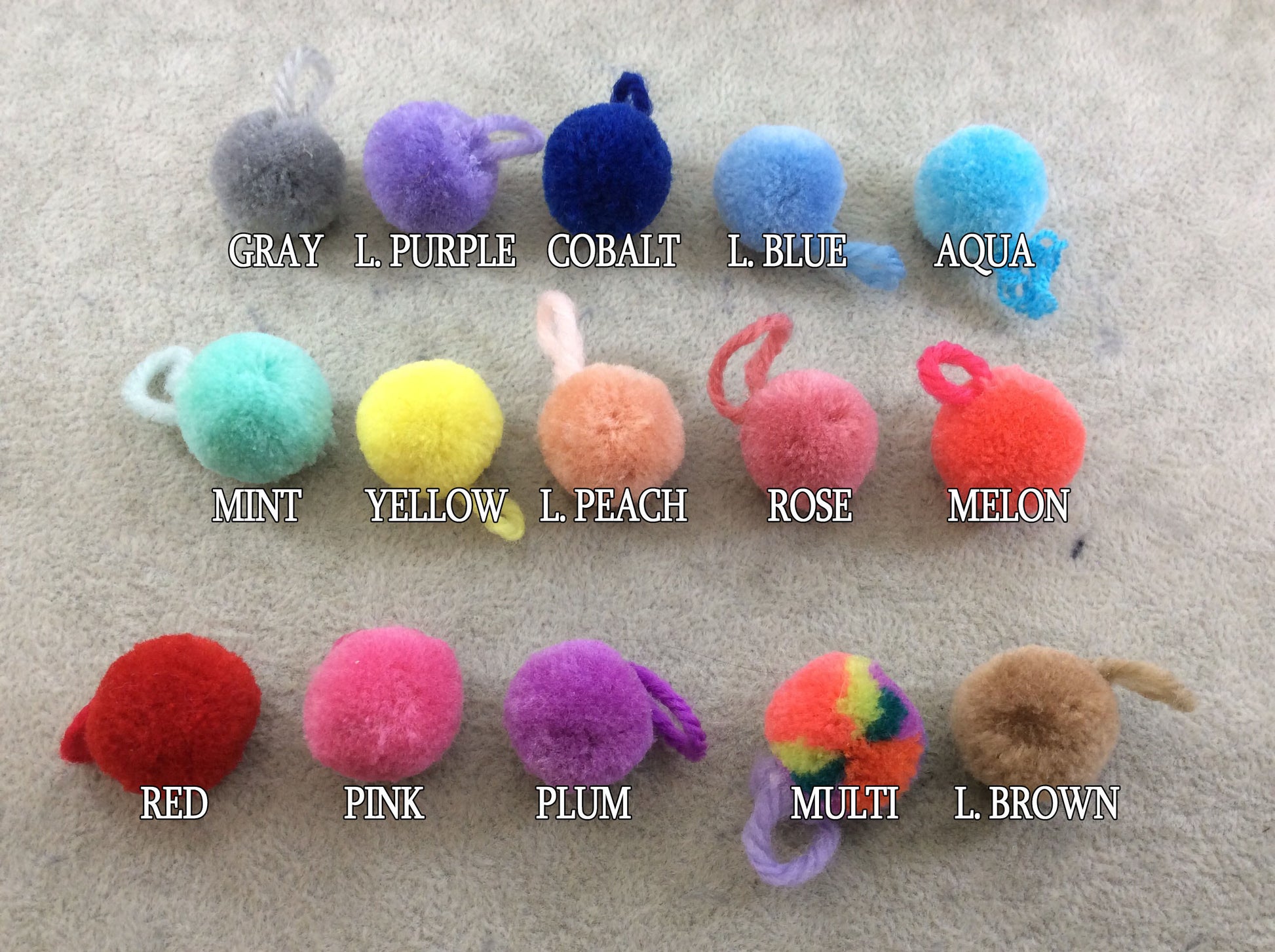 YOU CHOOSE! Bulk Pack of 12 20mm Puff/Pom Pom Balls with Matching Yarn Loop, 15 Colors Available! - Sold in Packs of 12 Balls (Single Color)