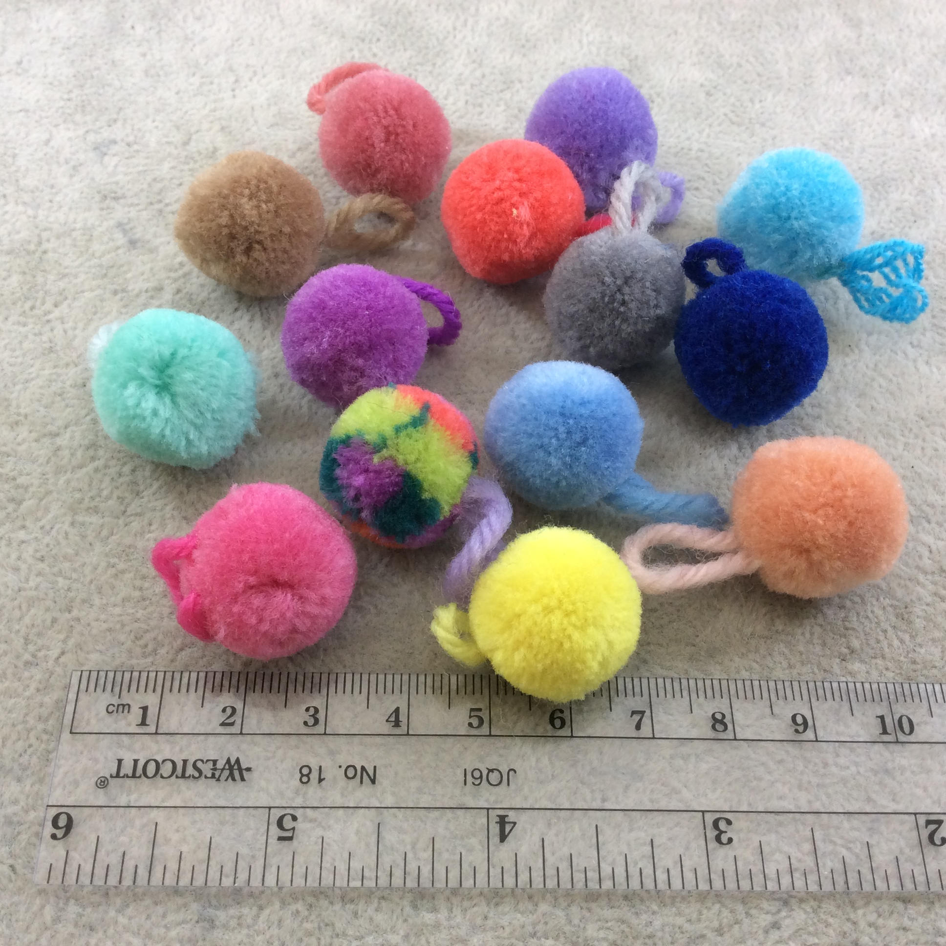 YOU CHOOSE! Bulk Pack of 12 20mm Puff/Pom Pom Balls with Matching Yarn Loop, 15 Colors Available! - Sold in Packs of 12 Balls (Single Color)