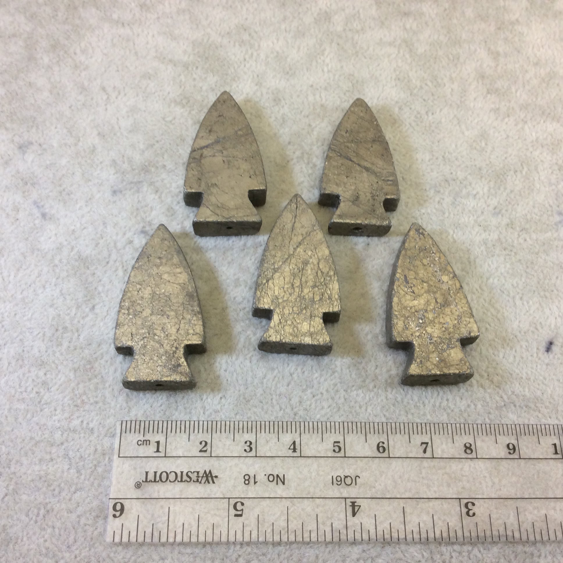 Half-Drilled Polished Arrow Shaped Natural Pyrite Pendant with 1mm Drilled Half Hole - Measures 20mm x 40mm, Approx. - Individual, Random