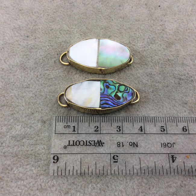 1" Iridescent White/ Rainbow Natural Bi-Color Abalone Shell Octagon shaped Gold Plated Bezel Connector - 16mm x 28mm, Approx.