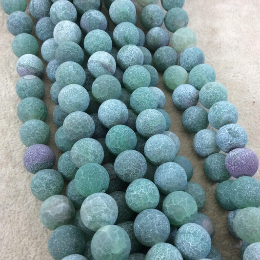 12mm Natural Matte Green Crackle/Veined Agate Round/Ball Shaped Beads with 1mm Holes - 15.25" Strand (~32 Beads) - Quality Gemstone