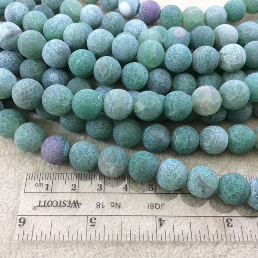 12mm Natural Matte Green Crackle/Veined Agate Round/Ball Shaped Beads with 1mm Holes - 15.25" Strand (~32 Beads) - Quality Gemstone