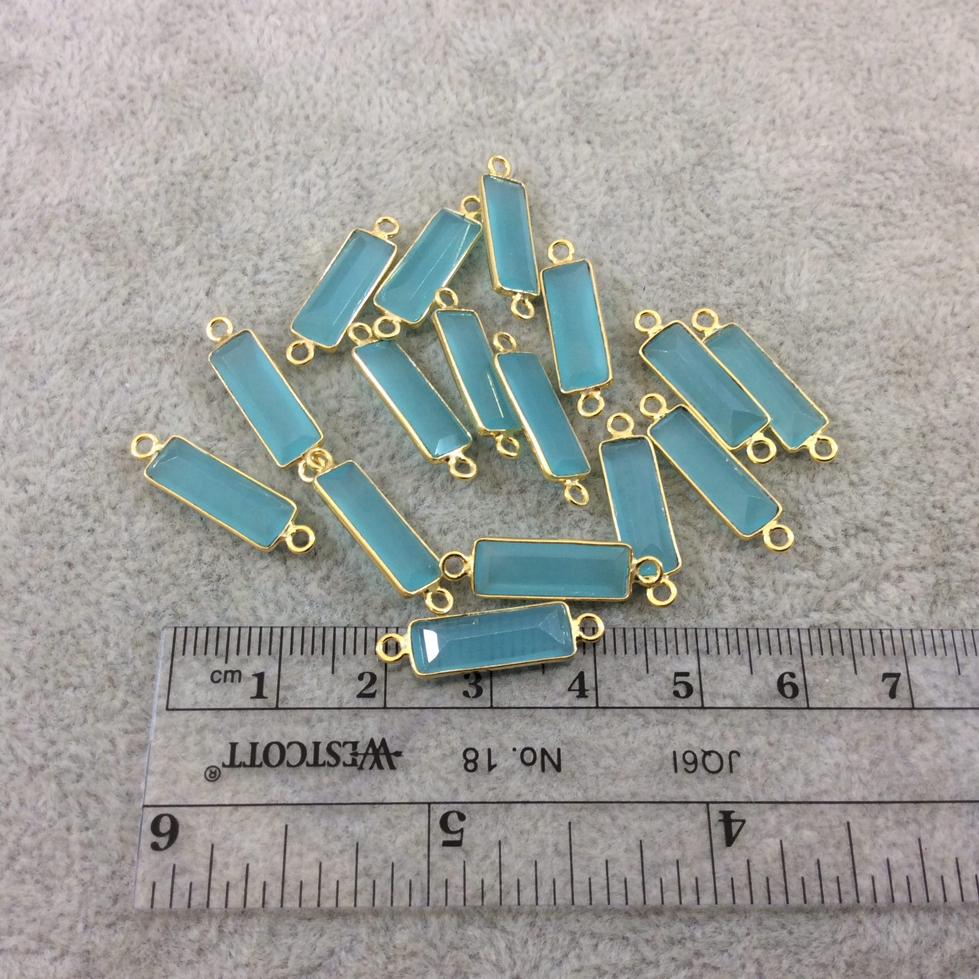 Gold Vermeil Faceted Cut Stone Rectangle Shaped Hydro (Man-made) Aqua Chalcedony Bezel Connector - Measuring 5mm x 15mm - Sold Per Piece