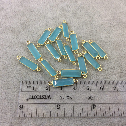 Gold Vermeil Faceted Cut Stone Rectangle Shaped Hydro (Man-made) Aqua Chalcedony Bezel Connector - Measuring 5mm x 15mm - Sold Per Piece