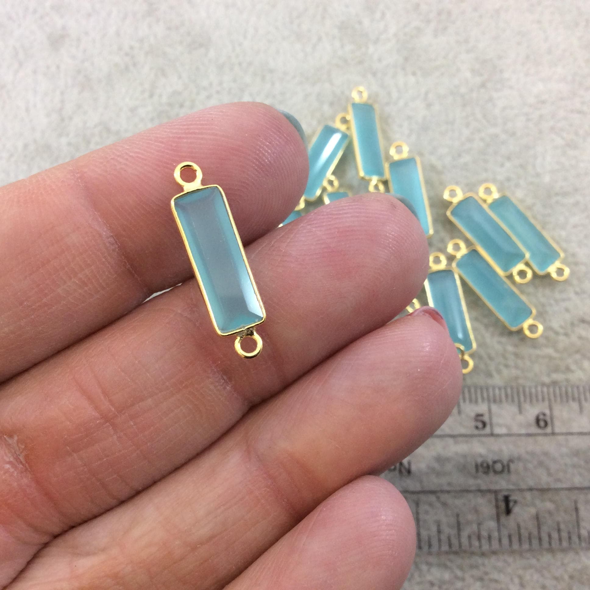 Gold Vermeil Faceted Cut Stone Rectangle Shaped Hydro (Man-made) Aqua Chalcedony Bezel Connector - Measuring 5mm x 15mm - Sold Per Piece