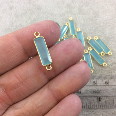 Gold Vermeil Faceted Cut Stone Rectangle Shaped Hydro (Man-made) Aqua Chalcedony Bezel Connector - Measuring 5mm x 15mm - Sold Per Piece