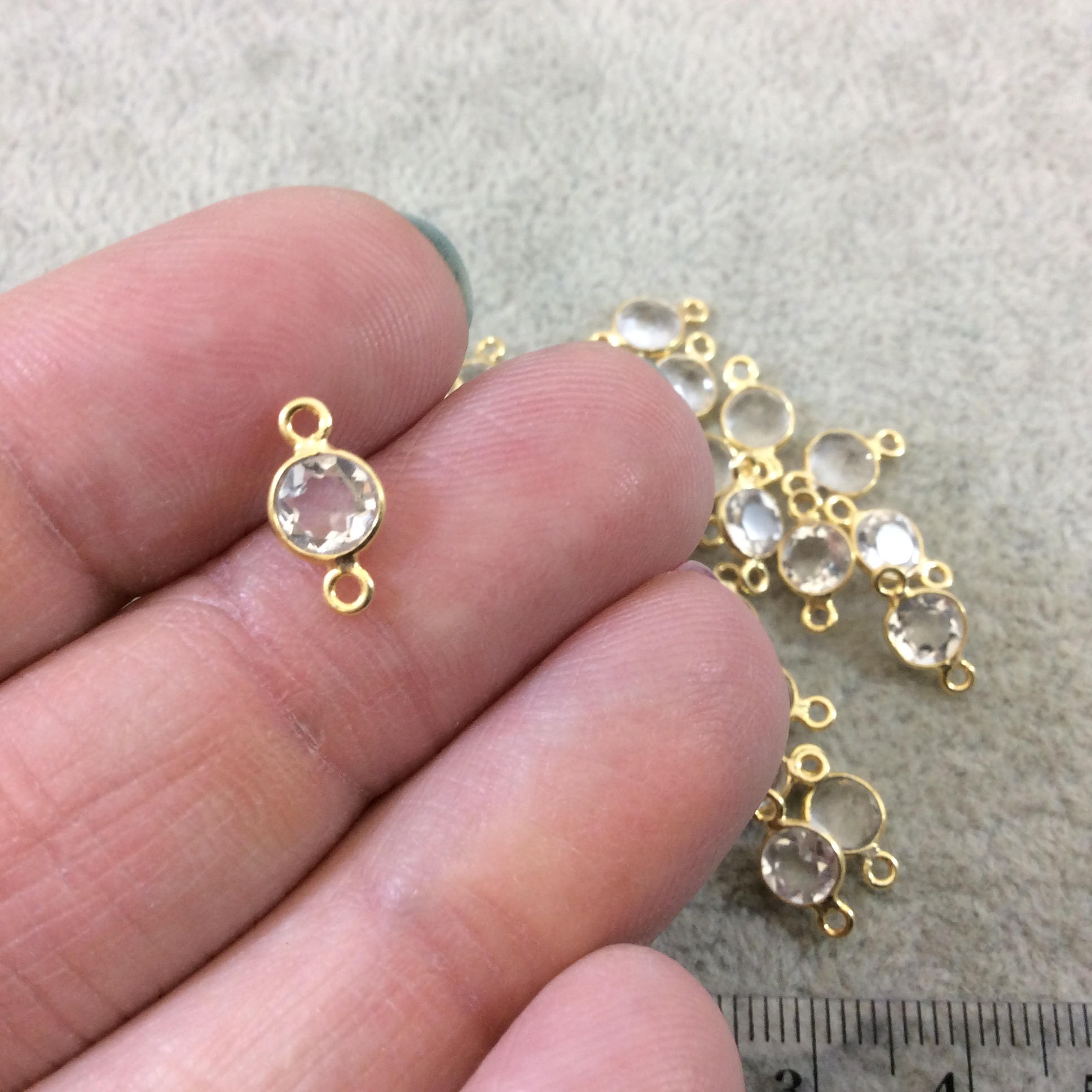 BULK LOT - Pack of Six (6) Gold Vermeil Pointed/Cut Stone Faceted Round/Coin Shaped Clear Natural Quartz Bezel Connectors  Measures 5mm