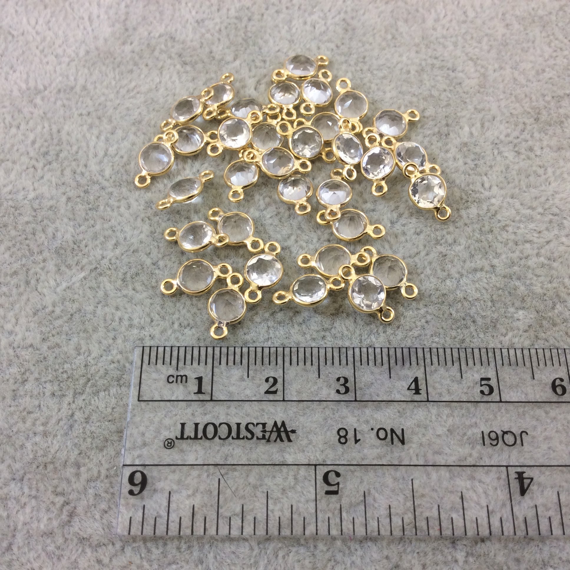 BULK LOT - Pack of Six (6) Gold Vermeil Pointed/Cut Stone Faceted Round/Coin Shaped Clear Natural Quartz Bezel Connectors  Measures 5mm