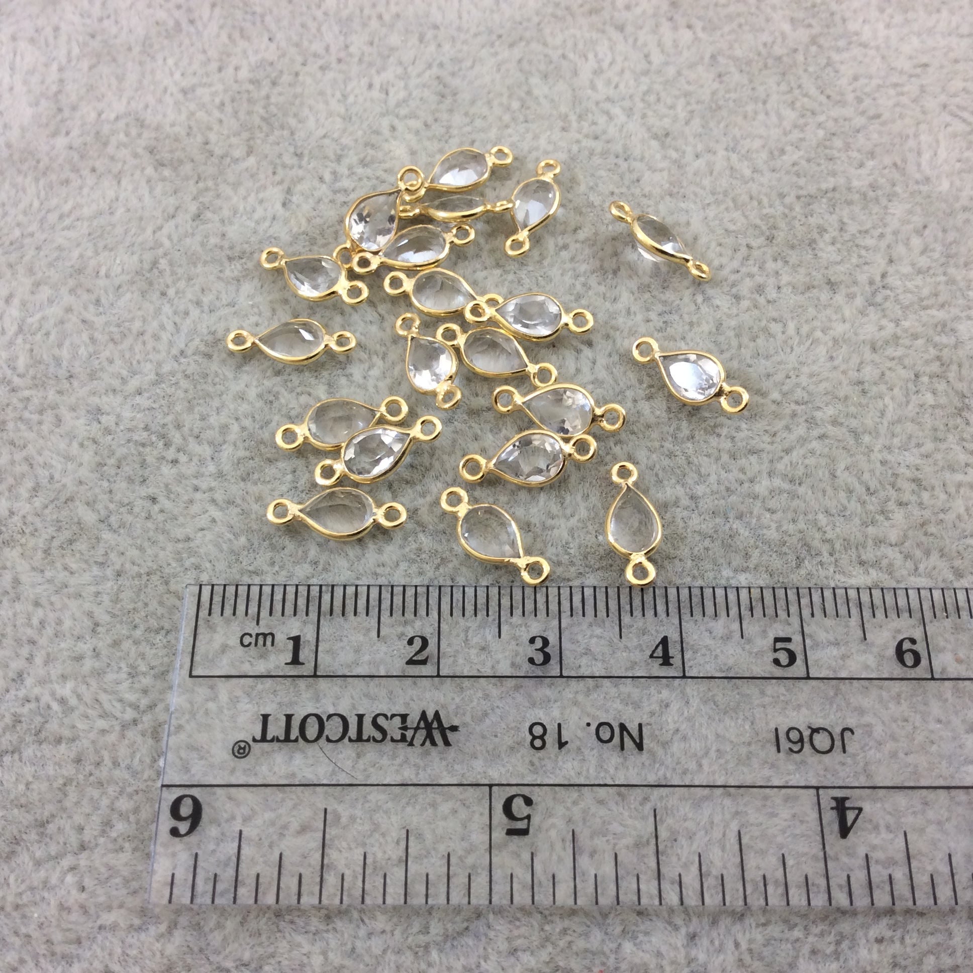 BULK LOT - Pack of Six (6) Gold Vermeil Pointed/Cut Stone Faceted Teardrop Shaped Clear Natural Quartz  Bezel Connectors  Measures 4mm x 6mm