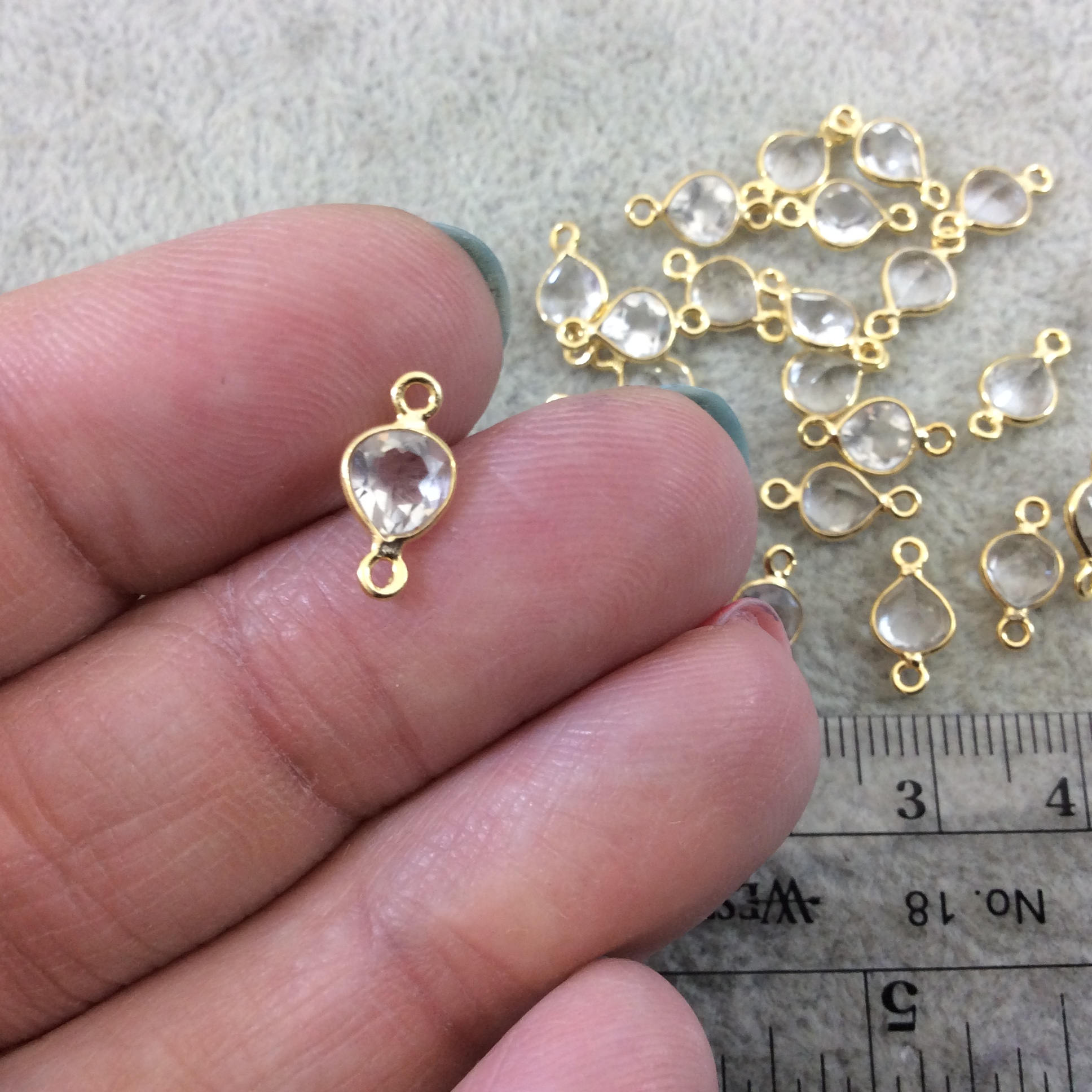 BULK LOT - Pack of Six (6) Gold Vermeil Pointed/Cut Stone Faceted Heart Shaped Clear Natural Quartz  Bezel Connectors  Measures 5mm x 5mm