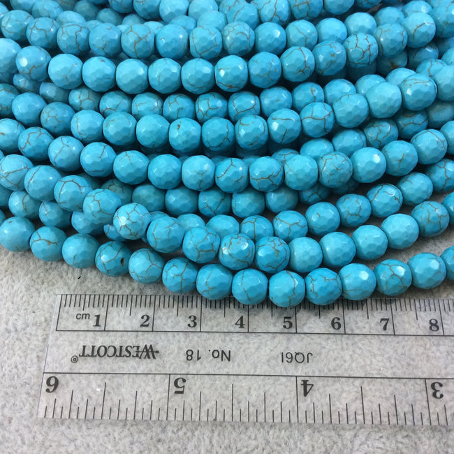 8mm Faceted Dyed Veined Turquoise Howlite Round/Ball Shaped Beads - Sold by 14" Strands (Approx. 48 Beads) - Quality Gemstone