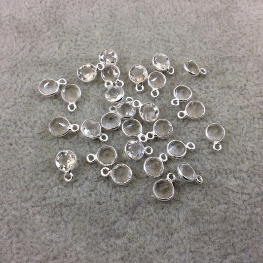 BULK LOT - Pack of Six (6) Sterling Silver Pointed/Cut Stone Faceted Round/Coin Shaped Clear Quartz Bezel Pendants - Measuring 5mm x 5mm