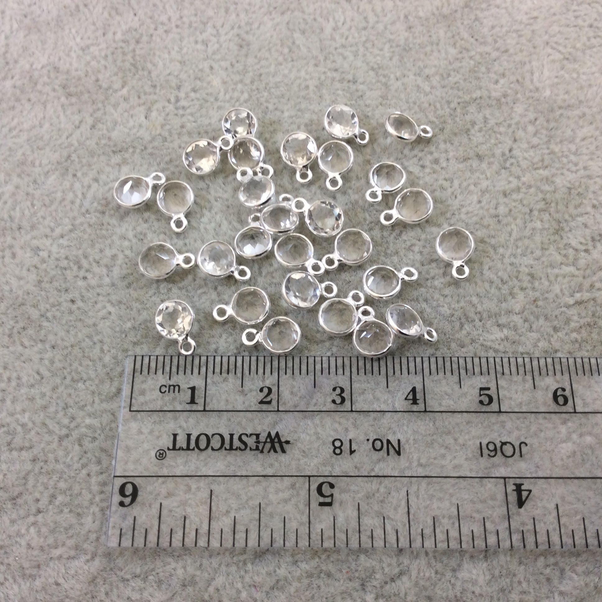 BULK LOT - Pack of Six (6) Sterling Silver Pointed/Cut Stone Faceted Round/Coin Shaped Clear Quartz Bezel Pendants - Measuring 5mm x 5mm