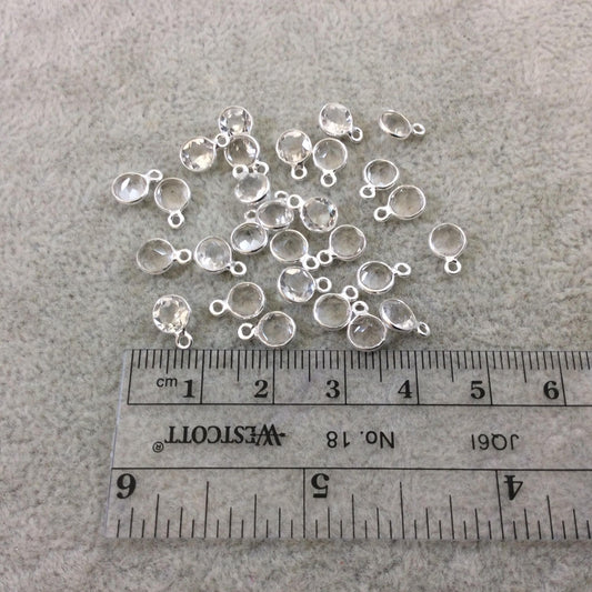 BULK LOT - Pack of Six (6) Sterling Silver Pointed/Cut Stone Faceted Round/Coin Shaped Clear Quartz Bezel Pendants - Measuring 5mm x 5mm