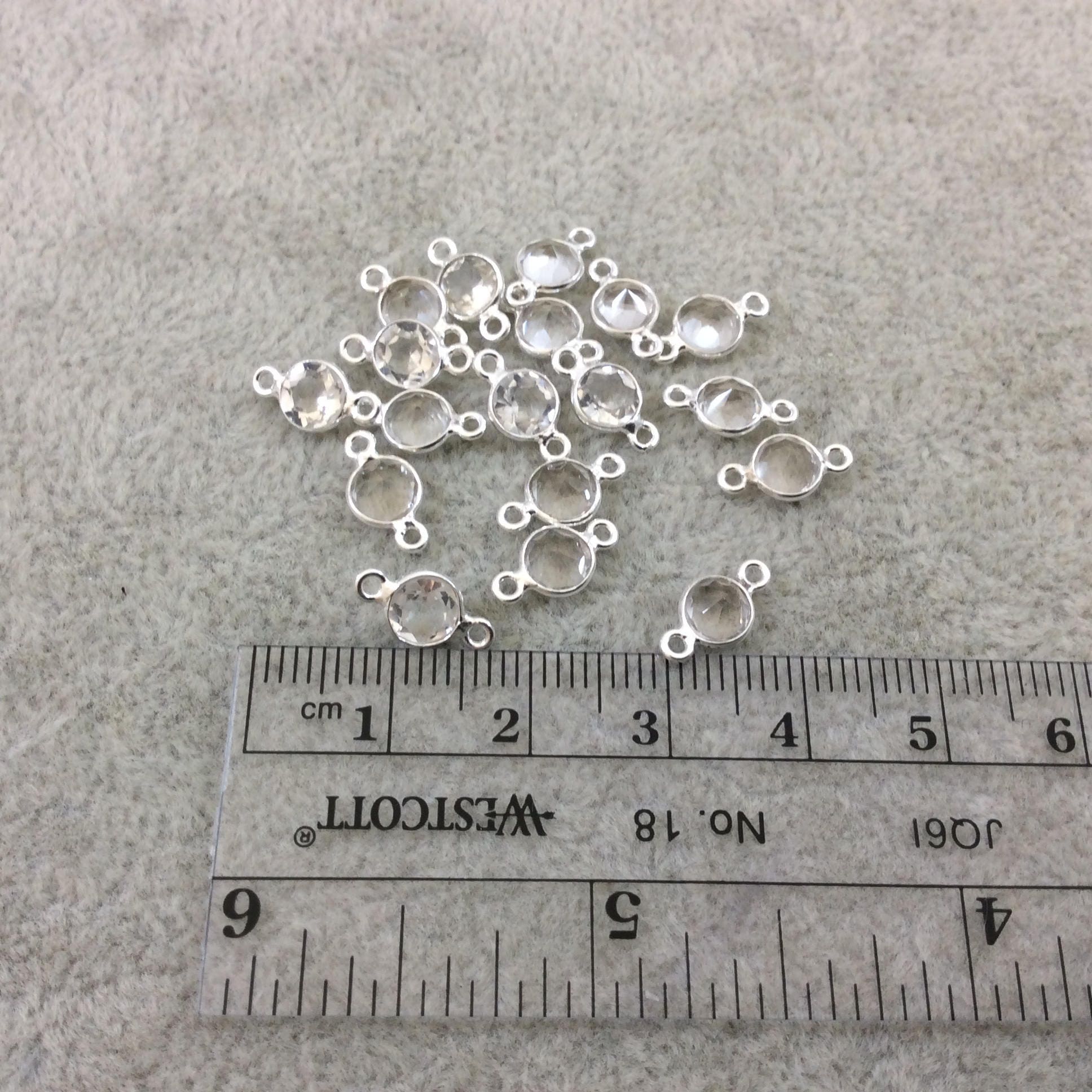 BULK LOT - Pack of Six (6) Sterling Silver Pointed/Cut Stone Faceted Round/Coin Shaped Clear Quartz Bezel Connectors - Measuring 5mm x 5mm