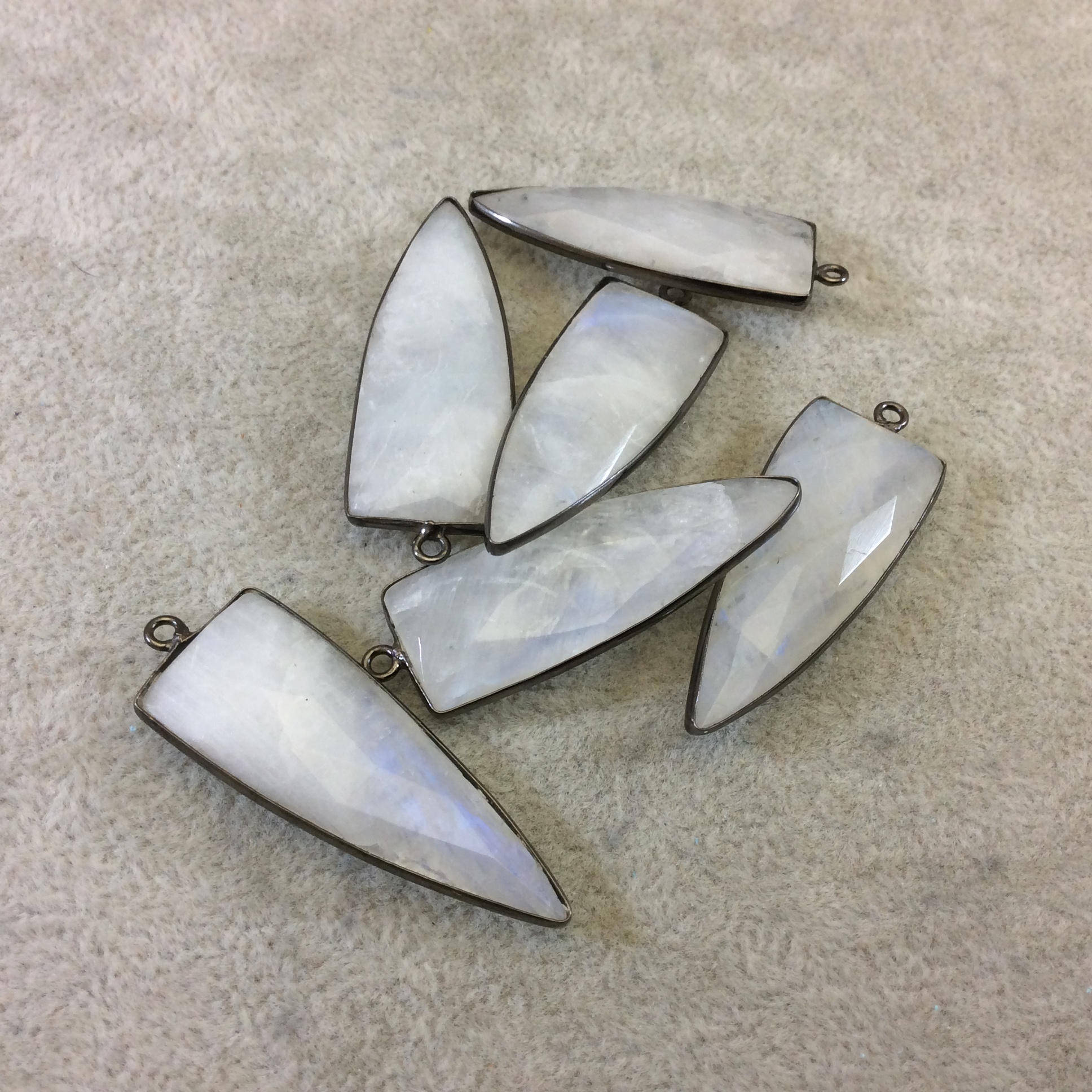 Gunmetal Plated Faceted Natural Rainbow Moonstone Inverted Triangle Shaped Bezel Pendant - Measuring 15mm x 40mm - Sold Individually