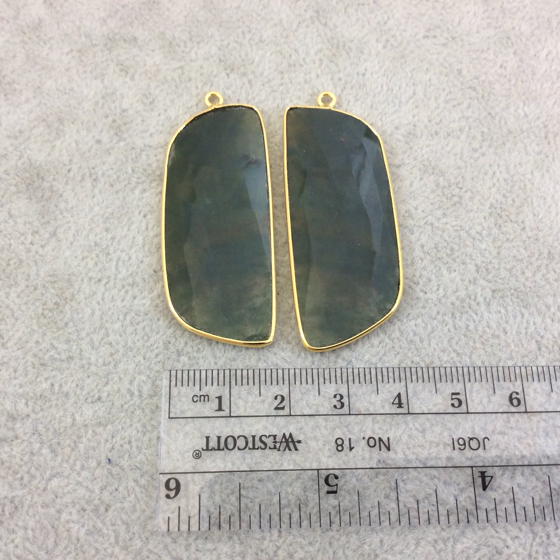 One Pair of OOAK Gold Plated Natural Green Moss Agate Freeform Shaped Bezel Pendants - Measuring 19mm x 47mm - High Quality Gemstone