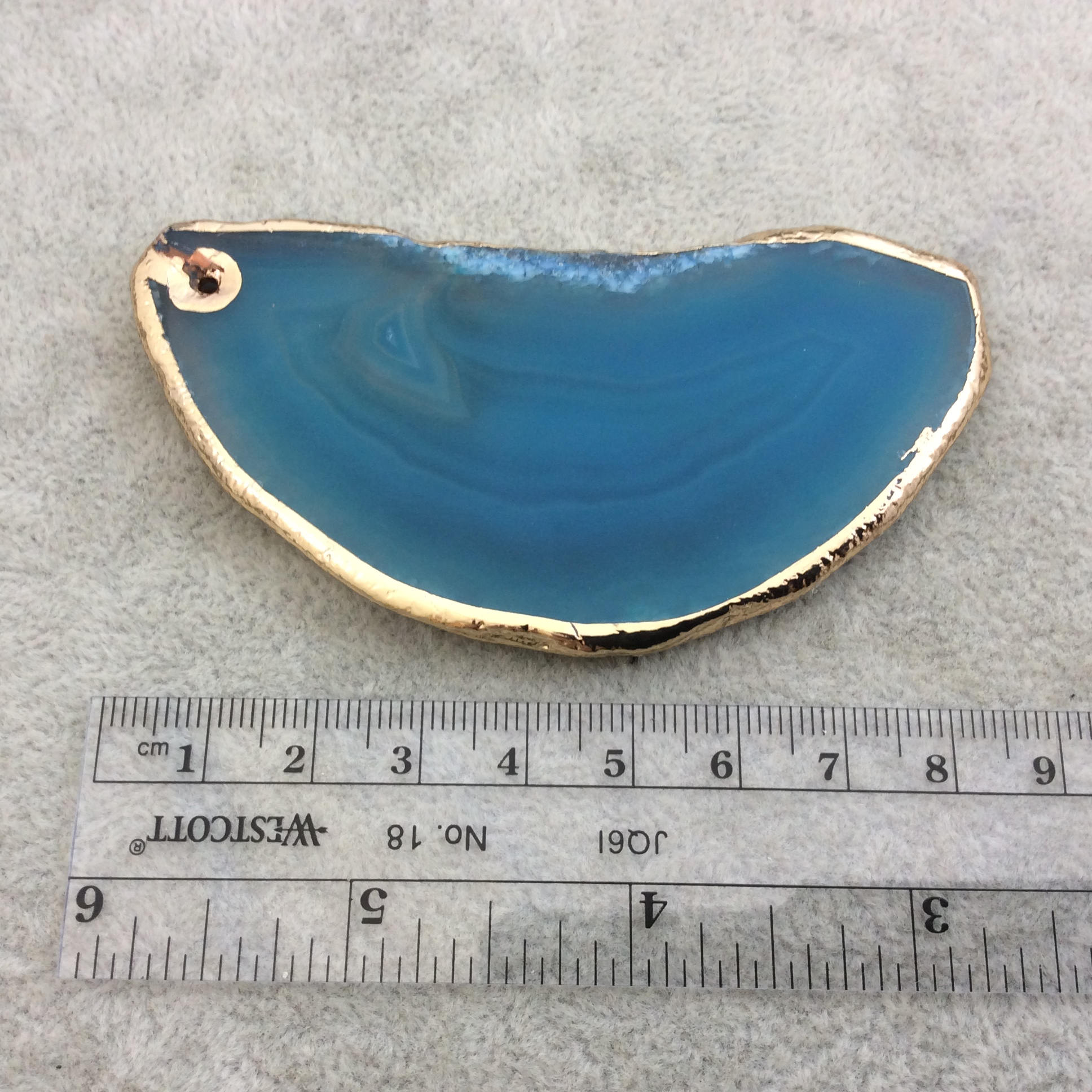 OOAK Large Drilled Gold Electroplated Freeform Shaped Banded Blue Agate "C" Slice Focal Pendant - Measuring 38mm x 82mm, Approximately