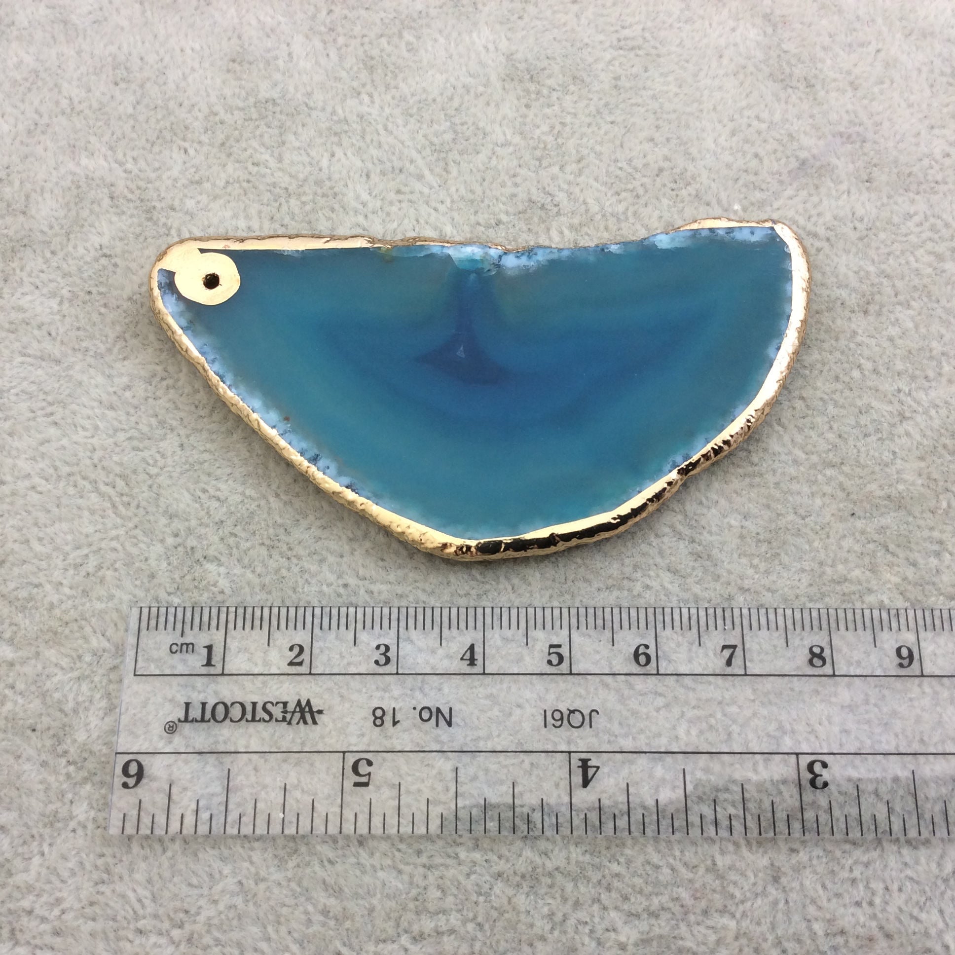OOAK Large Drilled Gold Electroplated Freeform Shaped Banded Blue Agate "D" Slice Focal Pendant - Measuring 38mm x 78mm, Approximately