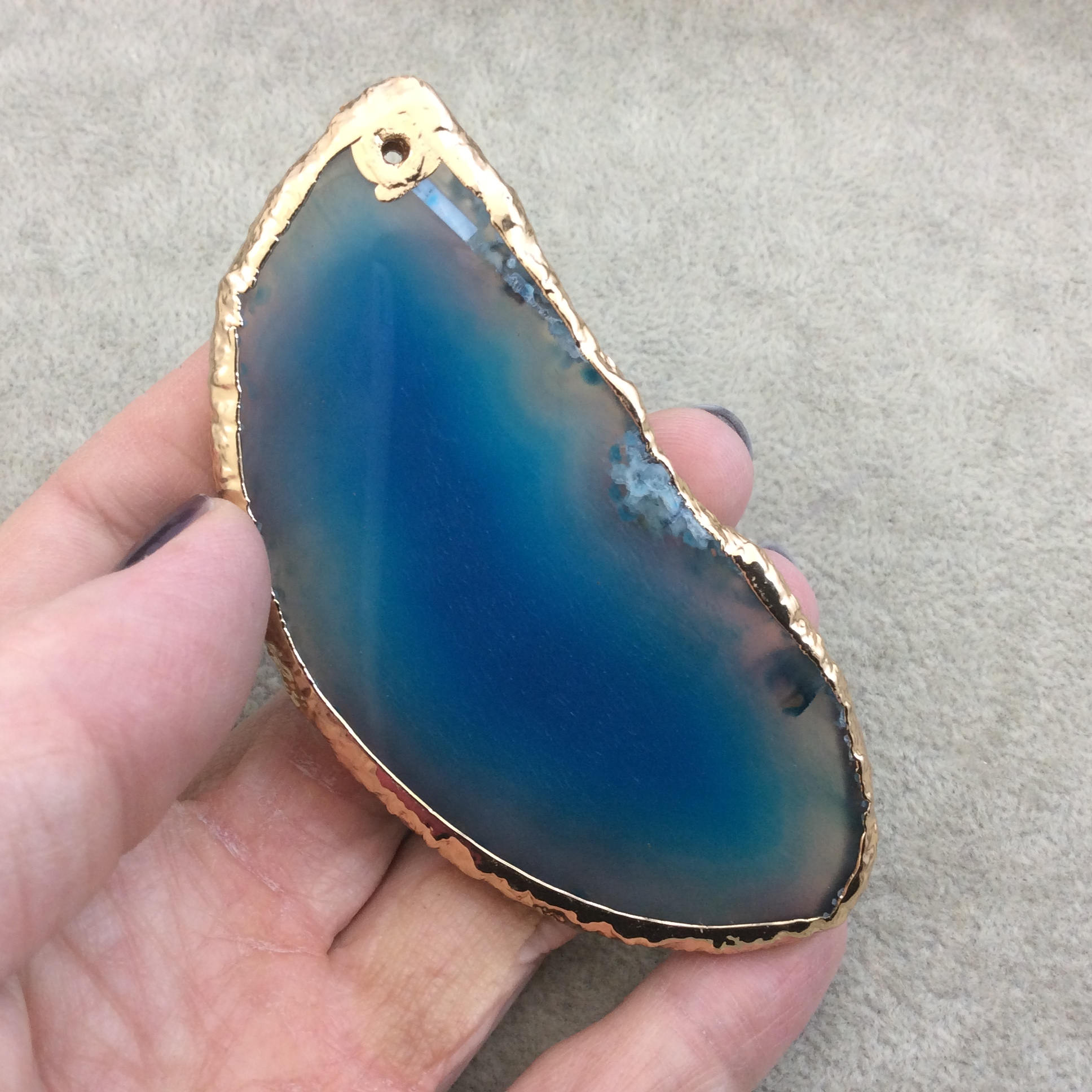 OOAK Large Drilled Gold Electroplated Freeform Shaped Banded Blue Agate "E" Slice Focal Pendant - Measuring 40mm x 88mm, Approximately