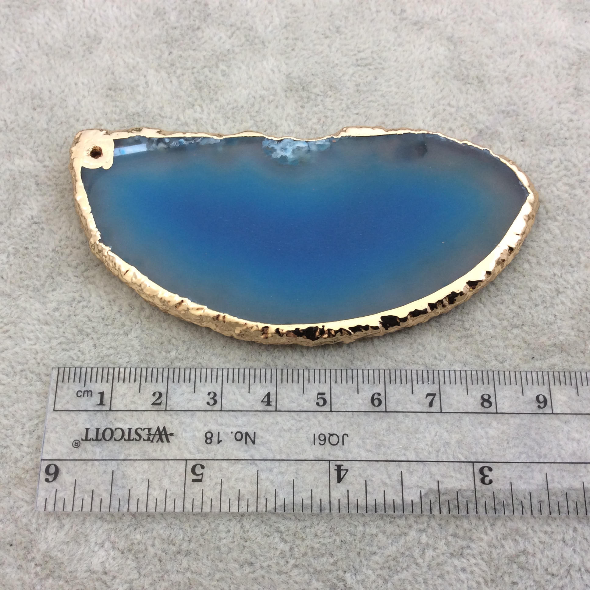 OOAK Large Drilled Gold Electroplated Freeform Shaped Banded Blue Agate "E" Slice Focal Pendant - Measuring 40mm x 88mm, Approximately