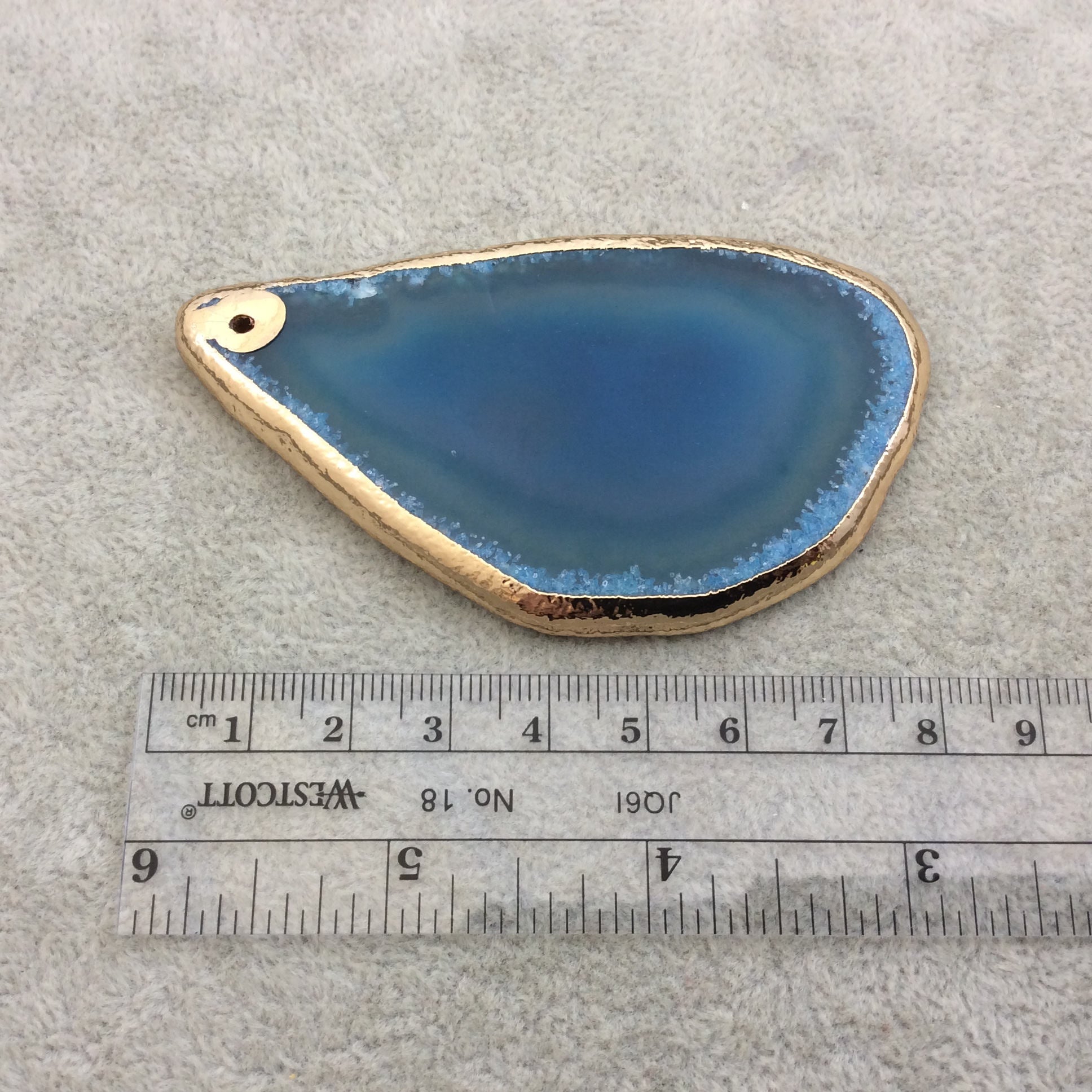 OOAK Large Drilled Gold Electroplated Freeform Shaped Banded Blue Agate "F" Slice Focal Pendant - Measuring 39mm x 75mm, Approximately