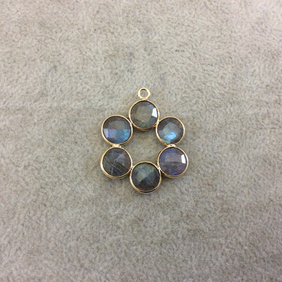 Labradorite Bezel | 26mm Gold Finish Faceted Natural Flashy 6 Petal (8mm) Flower Shaped Plated Copper Pendant - Sold Individually, Random